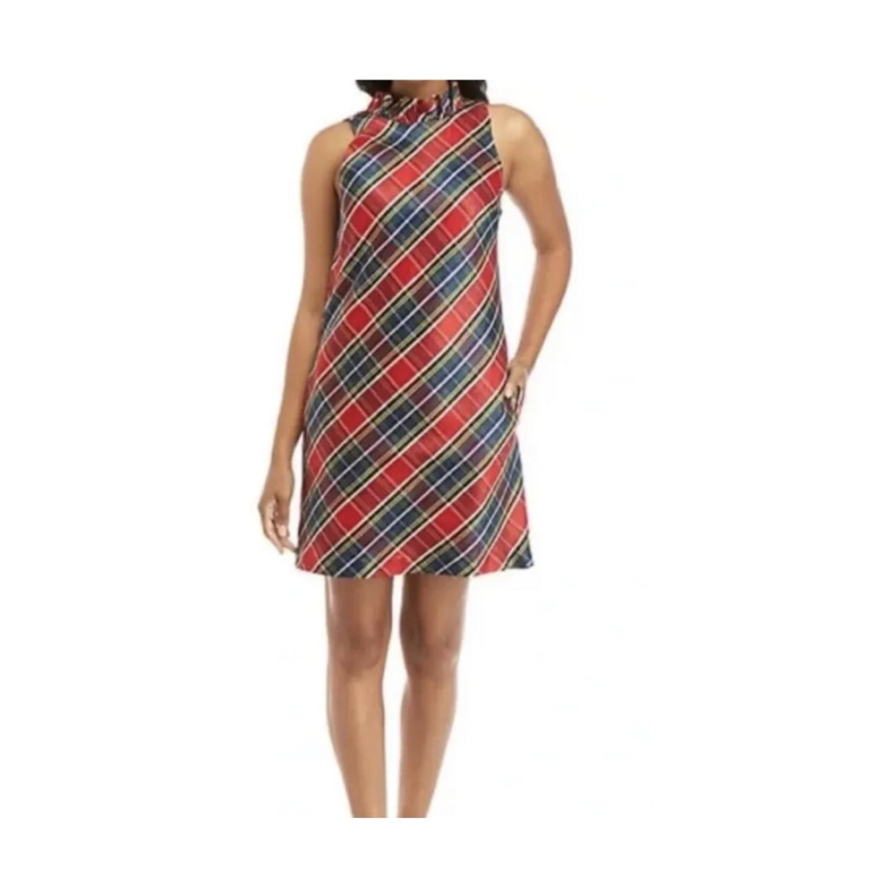 Crown & Ivy Tartan Plaid Shantung Red Navy Green Shift Dress S 6